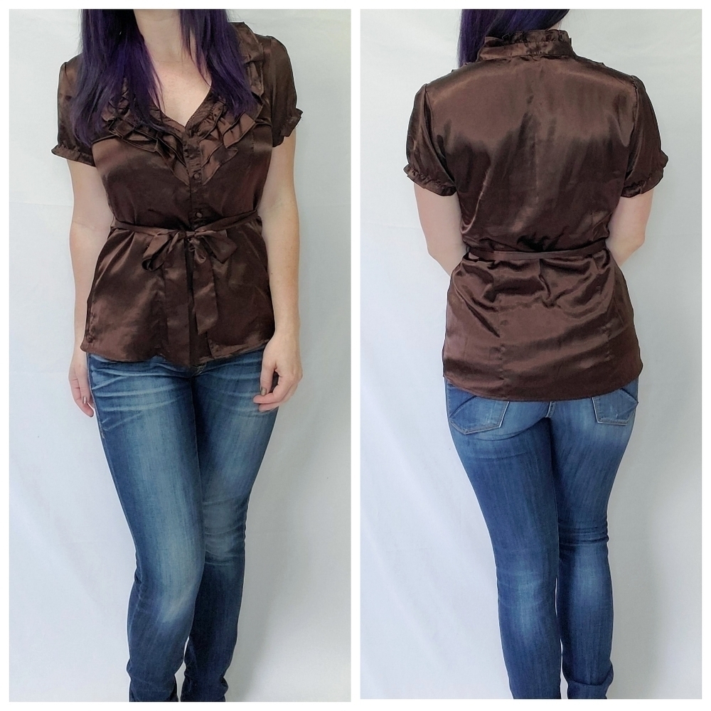 Body Central silky button down top w/ tie belt